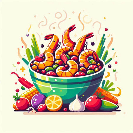 Fruit salad with shrimps and vegetables. Vector illustration.のイラスト素材