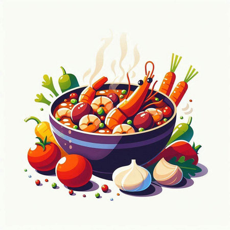 Seafood soup in a bowl with vegetables. Vector illustration.のイラスト素材