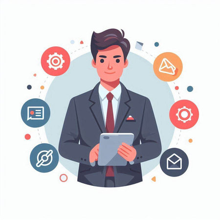 Businessman with tablet computer. Vector illustration in a flat style.のイラスト素材