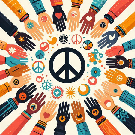 Hands with peace sign in circle. Vector illustration in flat style.のイラスト素材