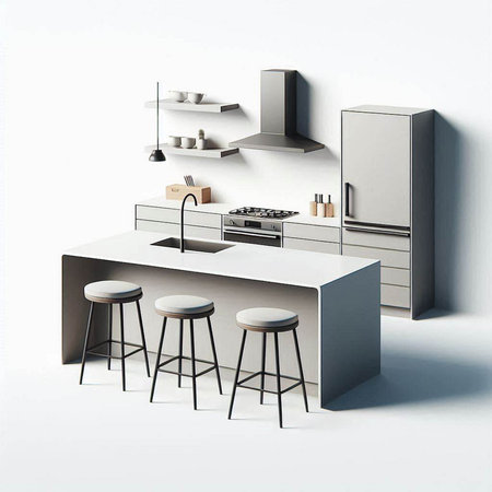 3d render of modern kitchen interior with white walls, concrete floor and gray countertops with built in sink and cookerのイラスト素材