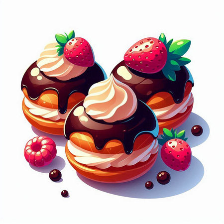 Strawberry cakes with whipped cream and berries. Vector illustration.のイラスト素材