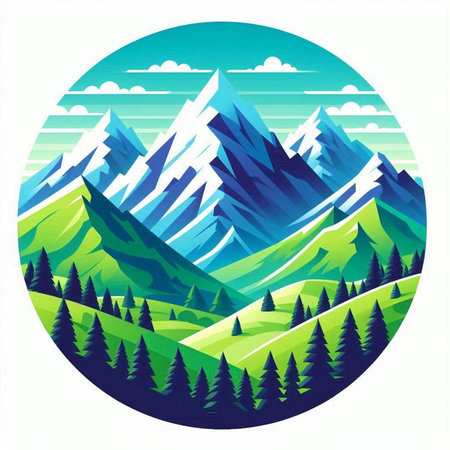 Mountain landscape with forest and snow in circle. Vector illustration.のイラスト素材