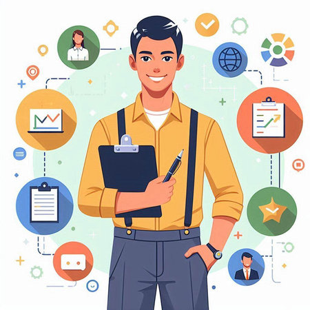 Businessman with clipboard and report. Vector illustration in flat style.のイラスト素材