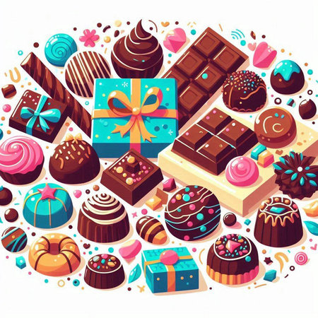 Chocolate sweets and candies background. Vector illustration in cartoon style.のイラスト素材
