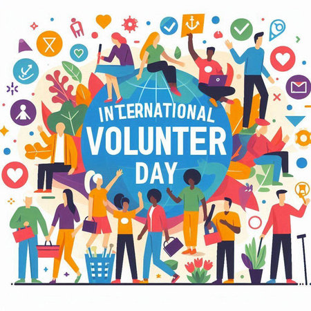 International Volunteer Day. Group of people around the globe. Flat vector illustration.のイラスト素材