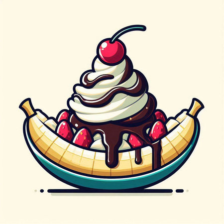 Banana split with ice cream and whipped cream. Vector illustration.のイラスト素材