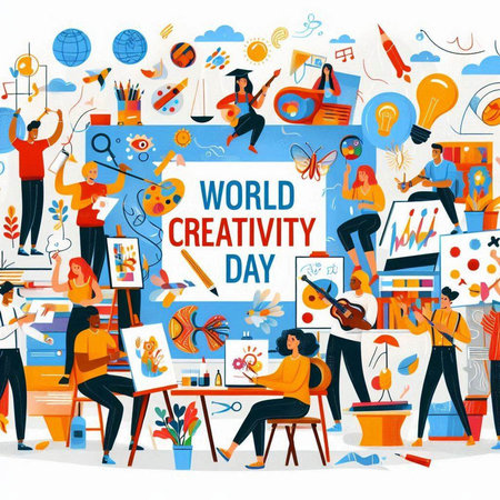 World creative day concept with people working in creative office. Vector illustrationのイラスト素材
