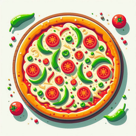 Pizza with tomato, pepper and mozzarella. Vector illustrationのイラスト素材