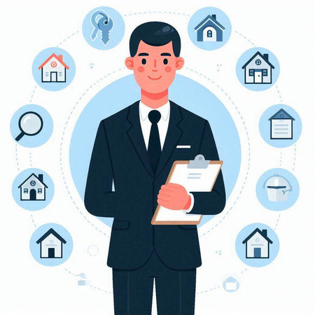 Real estate agent. Vector illustration in a flat style. Businessman with a clipboard.のイラスト素材