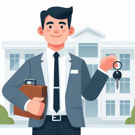 Real estate agent holding keys to new house. Vector illustration in cartoon styleのイラスト素材