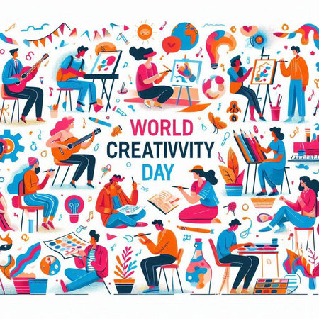 World creative day banner with people drawing and painting. Vector illustration.のイラスト素材