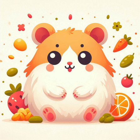 Cute hamster with fruits and berries. Vector illustration of hamster.のイラスト素材