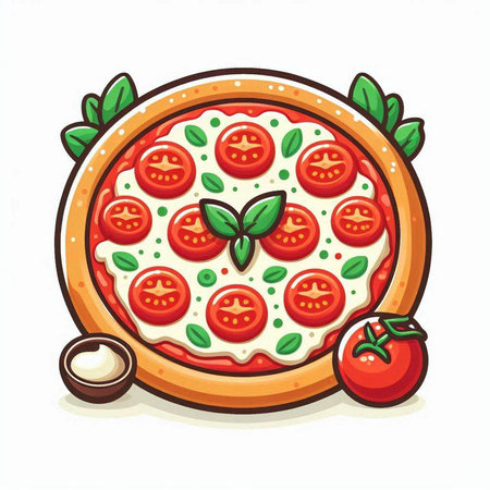 Illustration of pizza with tomato, mozzarella and basil on white backgroundのイラスト素材