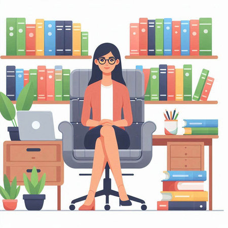 Businesswoman sitting on chair in office. Flat style vector illustration.のイラスト素材