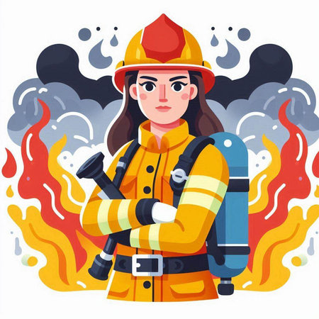 Firefighter woman in uniform and helmet. Flat vector cartoon illustration.のイラスト素材