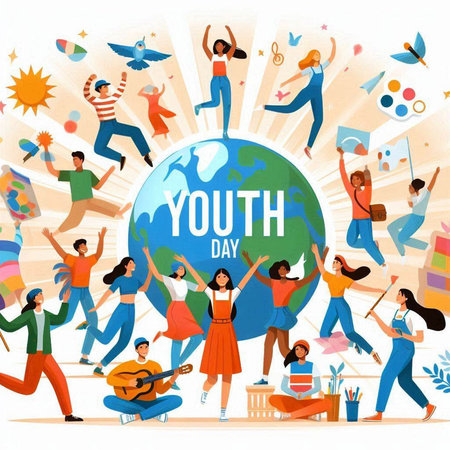 Happy international day of youth concept with diverse people dancing around earth globe vector illustrationのイラスト素材
