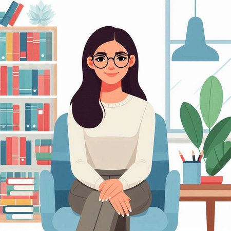Young woman in glasses sitting on a chair in the office. Vector illustration.のイラスト素材