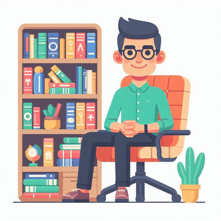 Young man sitting in armchair in library and reading books. Vector illustration in cartoon styleのイラスト素材