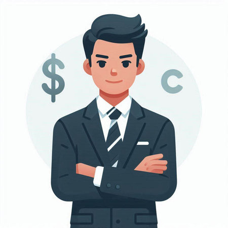 Businessman standing with crossed arms. Vector illustration in cartoon style.のイラスト素材