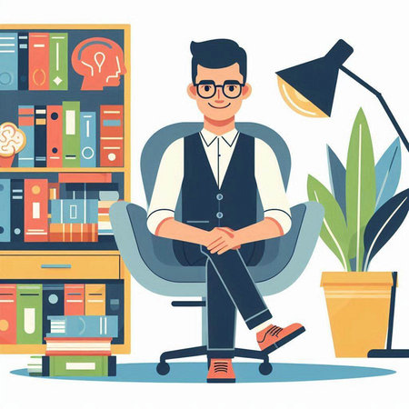 Young man sitting in armchair and reading books. Flat vector illustration.のイラスト素材