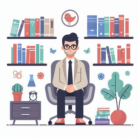 Man sitting in front of bookshelf. Flat style vector illustration.のイラスト素材