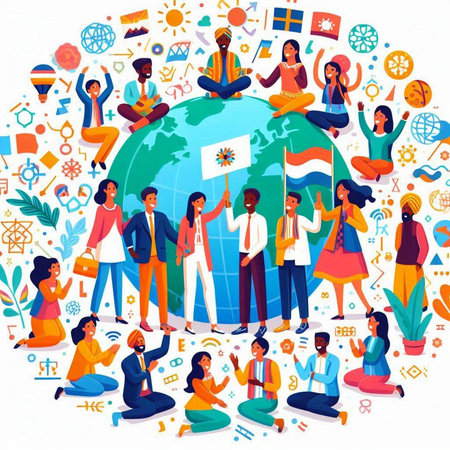Group of international people around the globe. Vector illustration in flat styleのイラスト素材