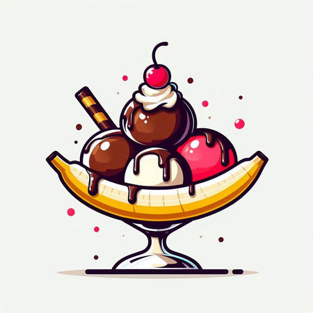Banana split with ice cream and chocolate balls. Vector illustration.のイラスト素材