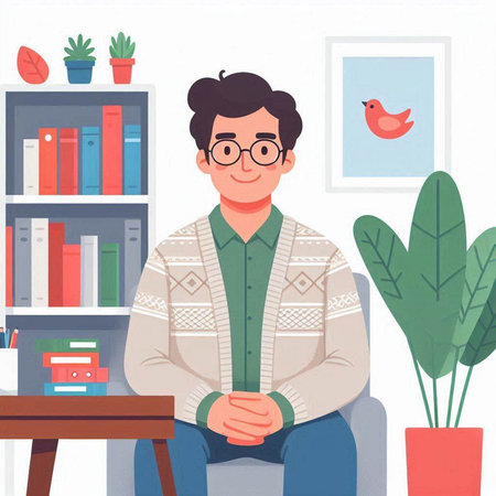 Young man in glasses sitting on a chair in the living room. Vector illustrationのイラスト素材