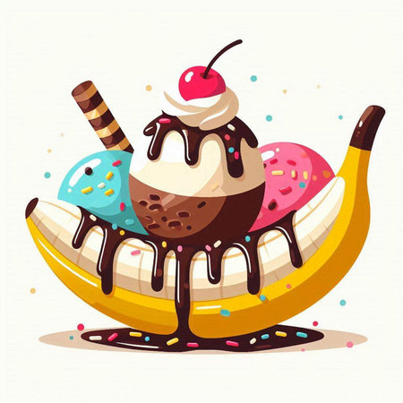 Banana split with ice cream and chocolate. Vector illustration in cartoon style.のイラスト素材