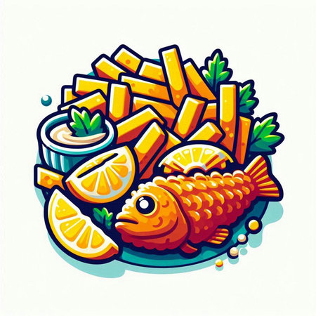 Fish and chips. Vector illustration of fish with lemon and sauce.のイラスト素材
