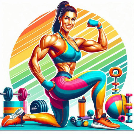 Fitness woman with dumbbells and sport equipment. Vector illustrationのイラスト素材