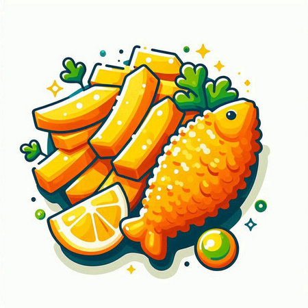 Fried fish with lemon and parsley on white background, vector illustrationのイラスト素材