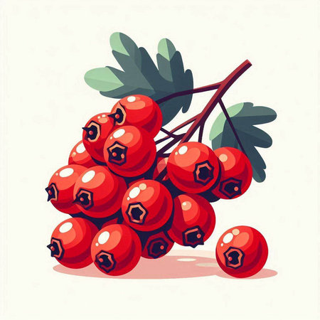 Bunch of red rowan berries with leaves. Vector illustration.のイラスト素材
