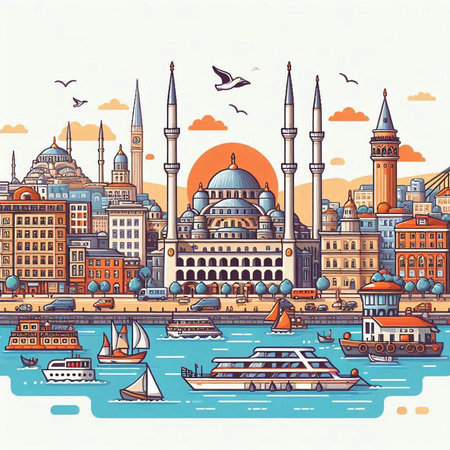 Panoramic view of Istanbul, Turkey. Colorful vector hand drawn illustrationのイラスト素材