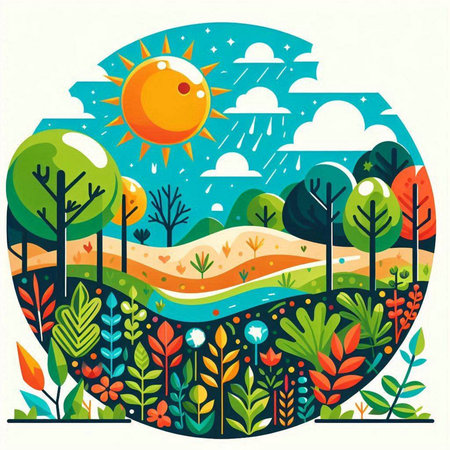 Vector illustration of a summer landscape with sun, trees and flowers.のイラスト素材