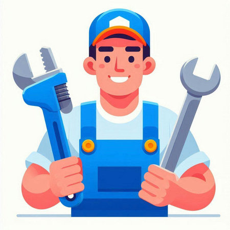 Plumber with a wrench. Vector illustration in a flat style.のイラスト素材