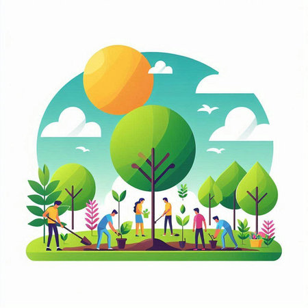 People planting trees in the garden flat vector illustration. Teamwork concept.のイラスト素材