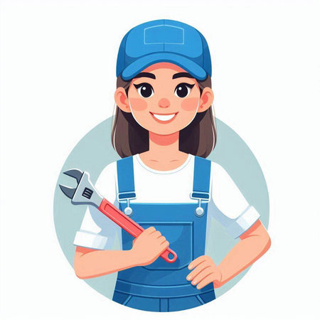 Female plumber in overalls. Vector illustration in cartoon style.のイラスト素材