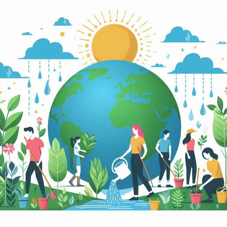 Vector illustration of people working in the garden. Earth day concept.のイラスト素材
