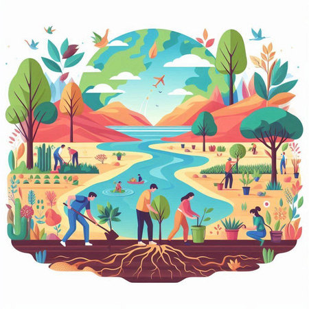 People planting trees in the garden. Vector illustration in flat style.のイラスト素材