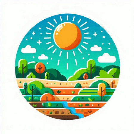 Vector illustration of a landscape with sun and trees. Flat style.のイラスト素材