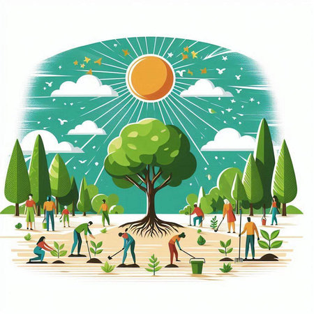 People planting trees in the garden. Vector illustration of people planting trees.のイラスト素材