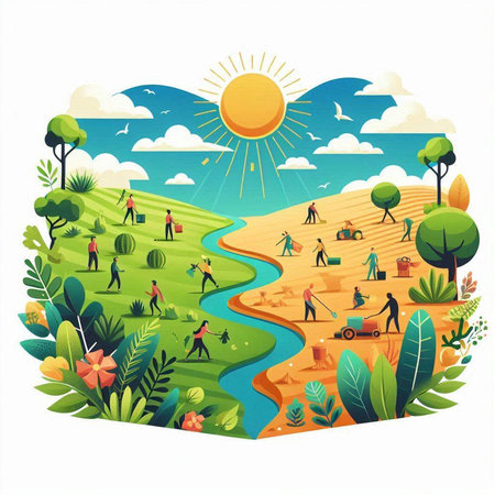 Vector illustration of a landscape with a river, a green meadow, a forest, a couple of people, a man and a woman on a background of nature.のイラスト素材