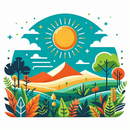 Vector illustration of summer landscape in flat style with sun, mountains and flowers.のイラスト素材