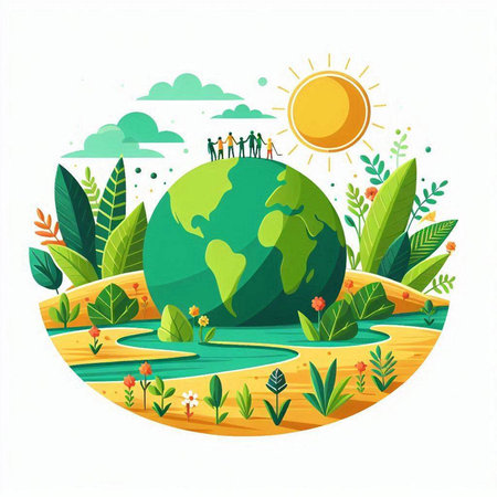 Ecology concept with green planet and people around the world. Vector illustration.のイラスト素材