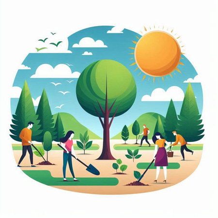 People planting trees in the park. Vector illustration in flat style.のイラスト素材
