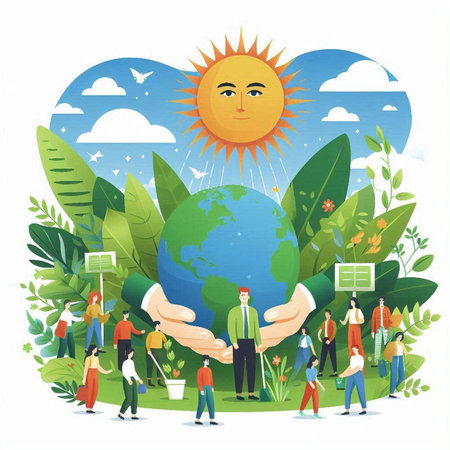 Save the planet vector illustration. People standing around the globe and holding hands. Save the earth concept.のイラスト素材