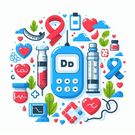 World diabetes day banner with blood glucose meter, syringe, pills and hearts isolated on white background. Vector illustration.のイラスト素材