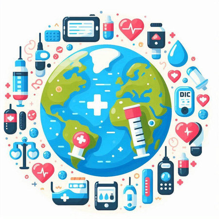 Planet earth with medical icons. Vector illustration in flat design style.のイラスト素材